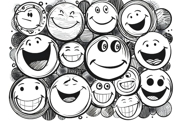 Photo illustration dessinée à la main d'un groupe d'emoticons souriants heureux