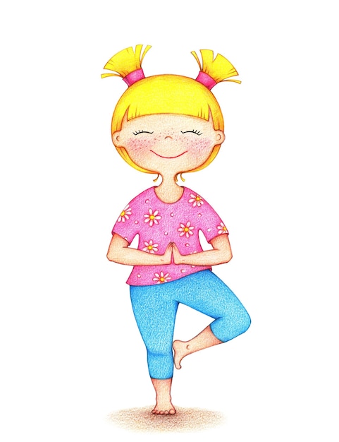 Illustration dessinée à la main d'une jeune fille souriante faisant du yoga par les crayons de couleur