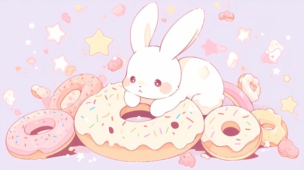 illustration dessinée à la main d'un mignon lapin qui mange un gâteau au dessert