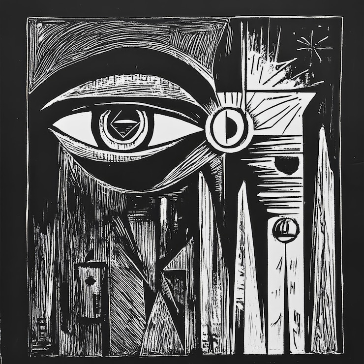 Photo illustration dessinée à la main en noir et blanc d'un œil au milieu de la ville