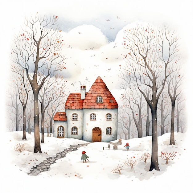 Illustration dessinée à la main paysage d'hiver avec maison et arbres