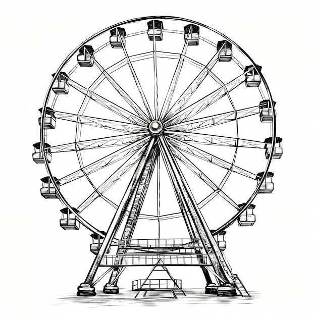 une illustration dessinée à la main d'une roue de ferris à l'encre noire et blanche