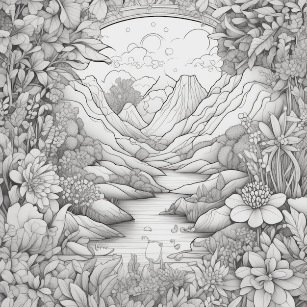 illustration dessinée à la main tendance sur artstation avec montagne et forêts et pagode et rivière