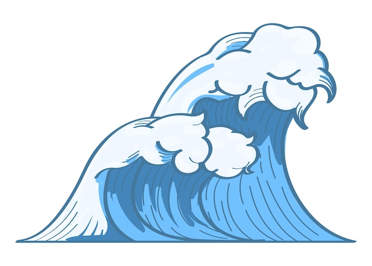 Photo illustration dessinée à la main d'une vague bleue png fond transparent