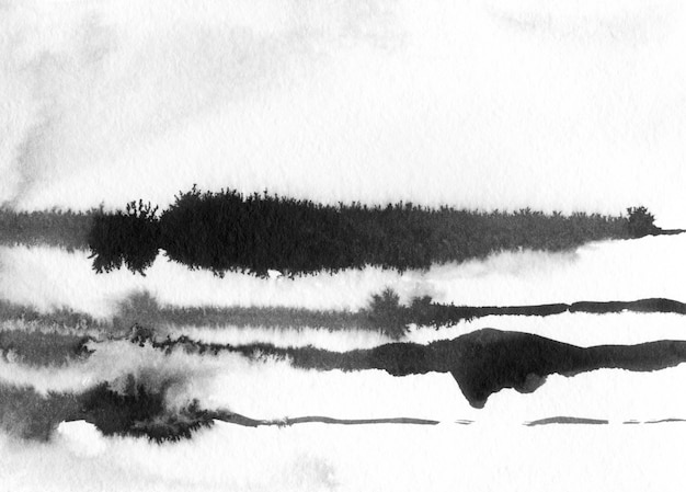 Illustration de dessinés à la main d'encre paysage abstrait. Paysage d'hiver à l'encre noir et blanc avec rivière. Dessiné à la main minimaliste