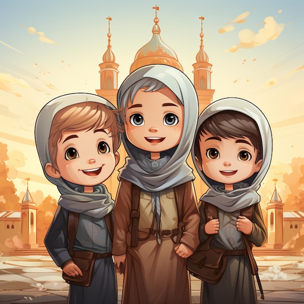 Illustration de dessins animés pour enfants musulmans dessin animé mignon en pleine couleur et ornement islamique