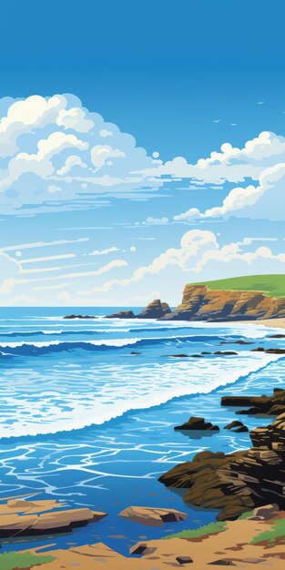 Illustration détaillée en 2D de la belle vue sur la plage de Bude Cornwall