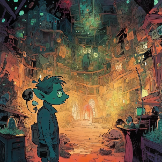 Illustration détaillée d'une bande dessinée représentant un extraterrestre mâle seul et triste dans un environnement urbain, générée par l'IA