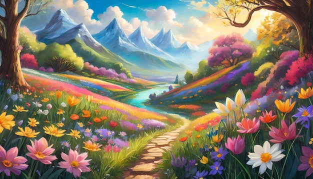 Illustration détaillée d'un beau paysage avec des fleurs et des arbres en fleurs, des montagnes