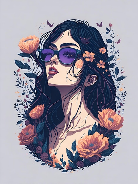 Une illustration détaillée d'une belle femme portant des lunettes de soleil tendance avec des éclaboussures de fleurs