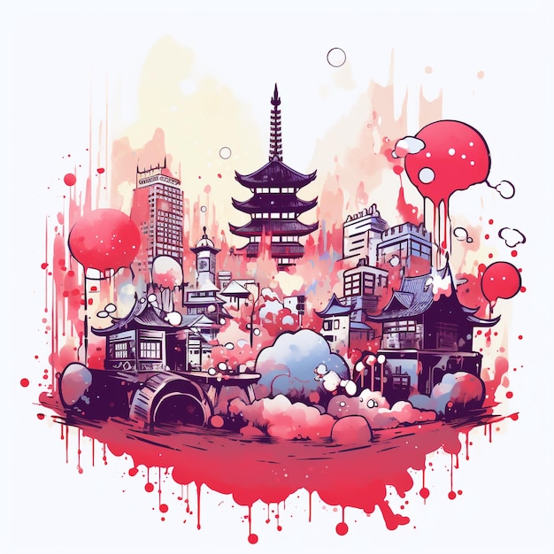 Une illustration détaillée du design du T-shirt Japan City Magic