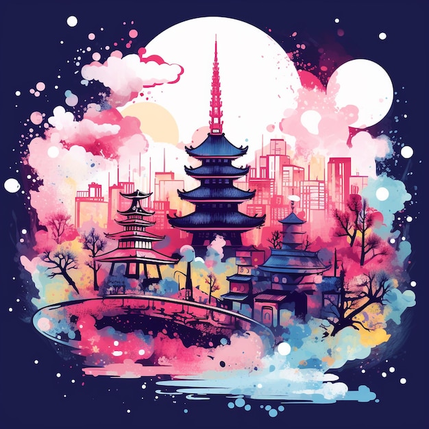 Une illustration détaillée du design du T-shirt Japan City Magic