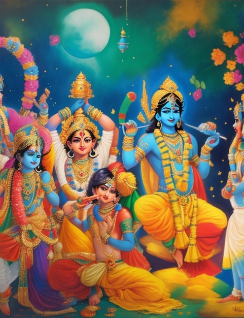 Une illustration détaillée du Seigneur Krishna et de ses fidèles célébrant Janmashtami avec joie