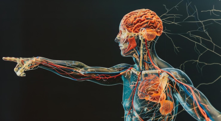 Photo illustration détaillée du système nerveux humain avec des artères et des muscles
