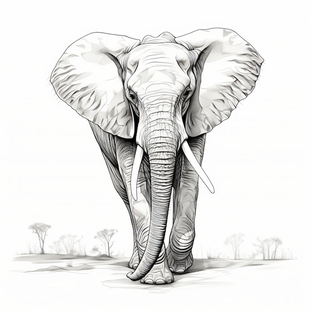 Illustration détaillée d'un éléphant noir et blanc sur fond blanc
