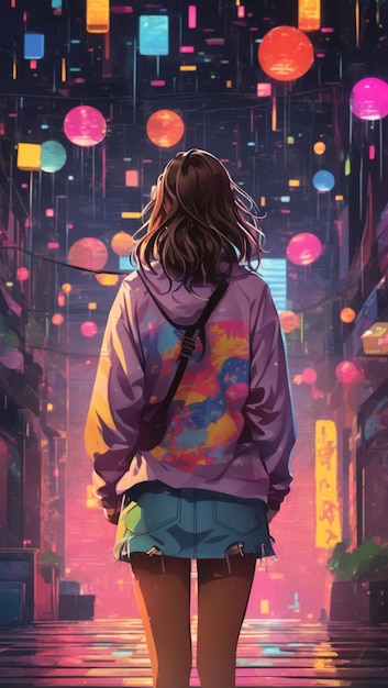 Illustration détaillée d'une fille anime rétro colorée adaptée à la conception d'affiches