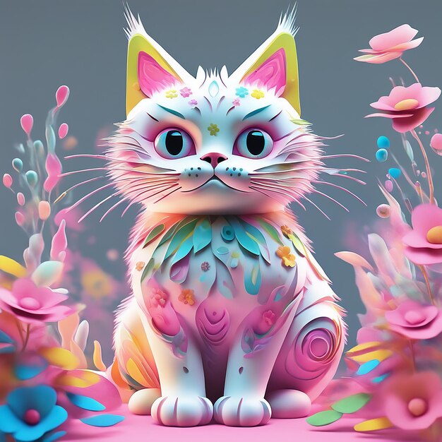 Une illustration détaillée d'une gravure d'un chat coloré une statue de chat avec des fleurs générée par Ai