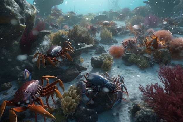 Une illustration détaillée d'un groupe de crustacés tels que des crabes ou des homards dans un environnement animé et animé