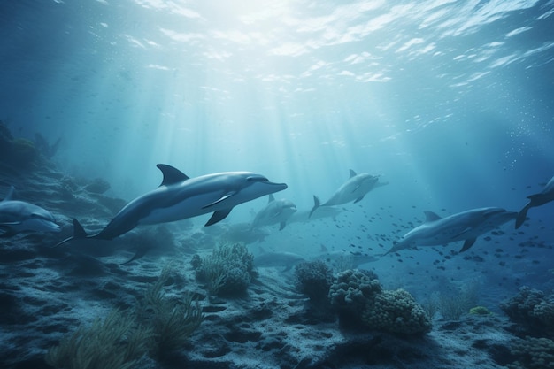 Une illustration détaillée d'un groupe de mammifères marins tels que les dauphins ou les baleines dans leur état naturel