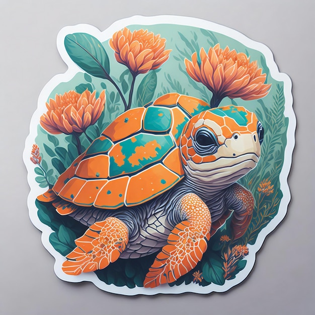 Une illustration détaillée d'une impression d'autocollant de tête de tortue mignon vif