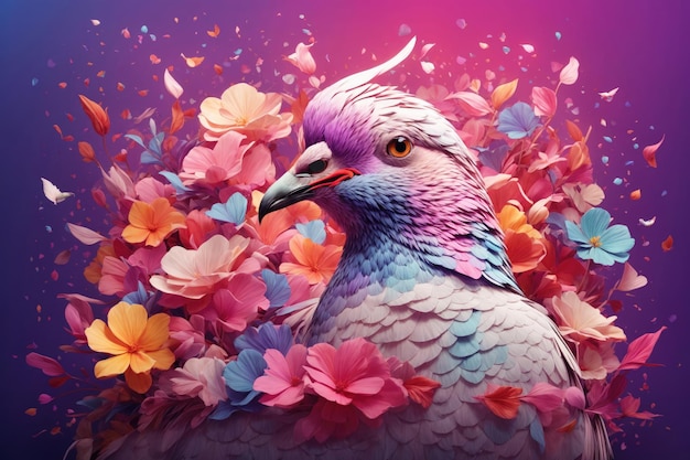 Une illustration détaillée d'une impression d'une colombe colorée avec des fleurs générative par IA