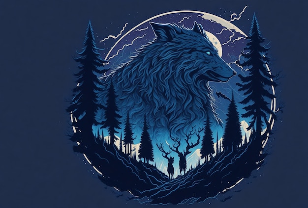 Une illustration détaillée de loups, d'arbres, de montagnes et de la pleine lune sur un fond bleu foncé