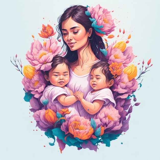 illustration détaillée d'une mère tenant des bébés jumeaux dessin de t-shirt à éclaboussure de fleurs