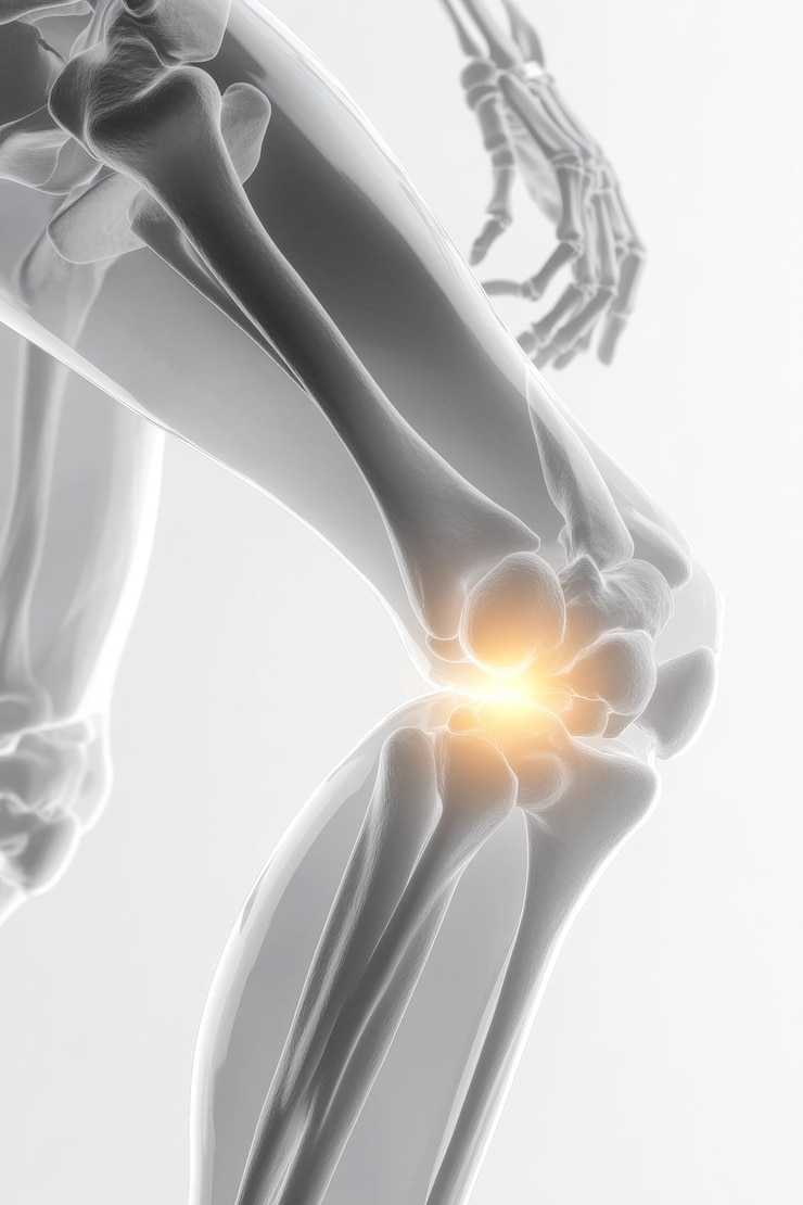 Photo une illustration détaillée montre une articulation du genou humain avec une zone lumineuse indiquant une inflammation ou