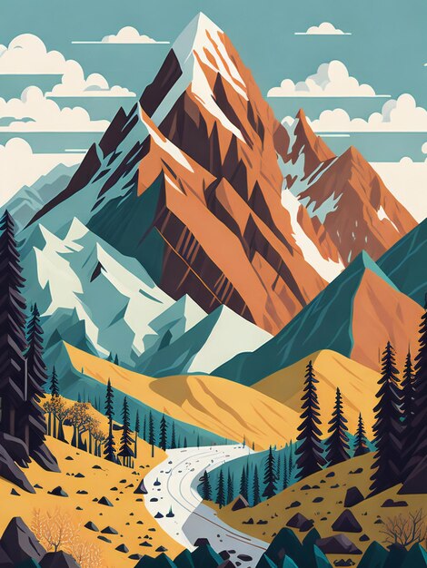 une illustration détaillée d'un paysage de montagne avec un design plat