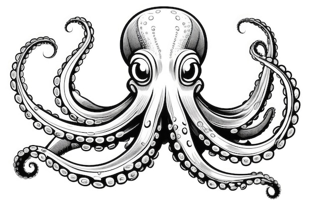 Illustration détaillée d'une pieuvre isolée sur un dessin à l'encre sur fond blanc