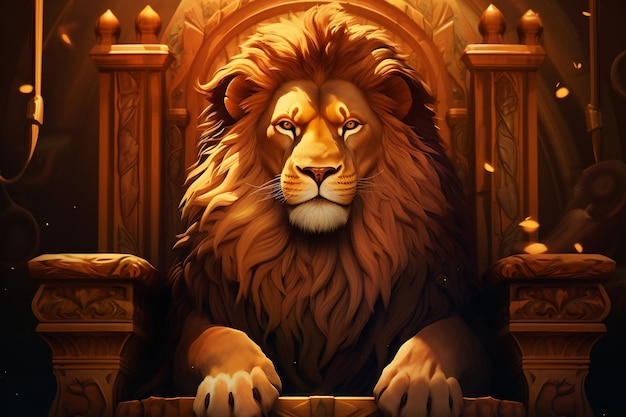 Une illustration détaillée présentant un lion majestueux assis sur un trône d'une manière royale Generative Ai