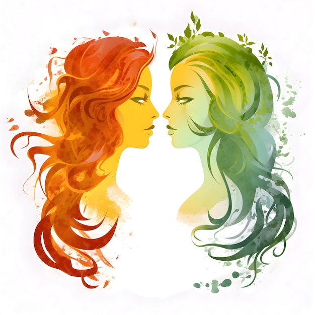 Illustration de deux belles femmes de profil avec des touches d'aquarelle colorées