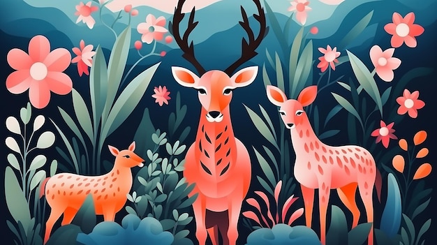 une illustration de deux cerfs et de fleurs dans la forêt