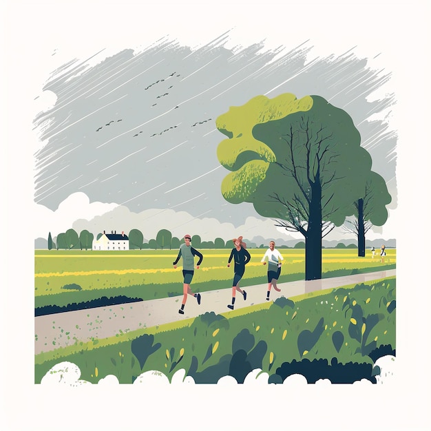 Une illustration de deux coureurs sur un chemin dans un champ avec une maison en arrière-plan.