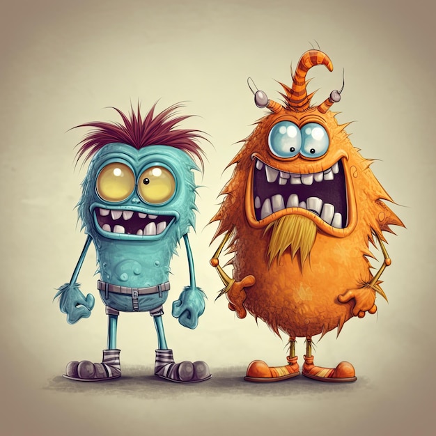 Illustration de deux drôles de monstres multicolores mignons en gros plan sur un fond uni
