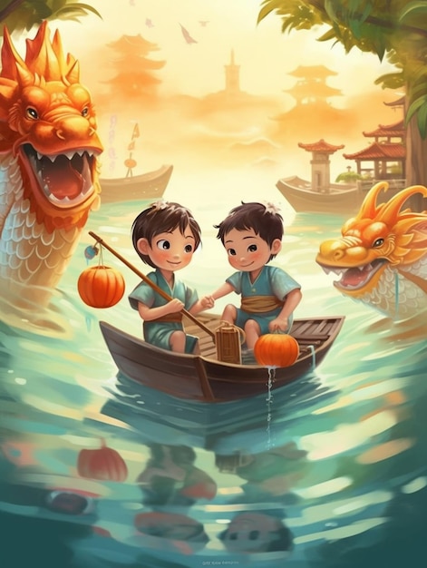 Photo illustration de deux enfants dans un bateau avec une ia générative de dragon et de citrouille