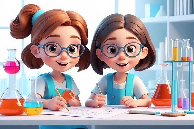 Illustration de deux filles isolées étudiant la chimie sur blanc