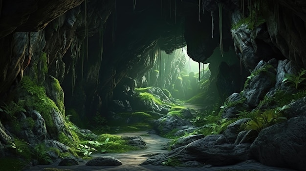 Illustration de deux grottes couvertes de mousse haut dans les montagnes Tunnel dans les rochers