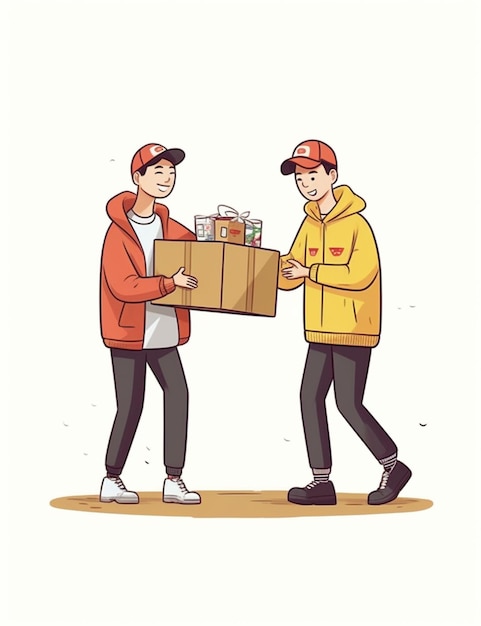 Illustration de deux hommes portant une boîte de nourriture