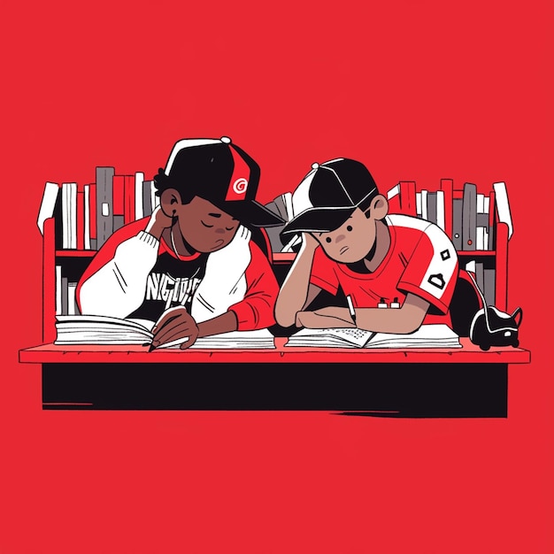 illustration de deux jeunes hommes assis sur un banc avec des livres génératifs ai