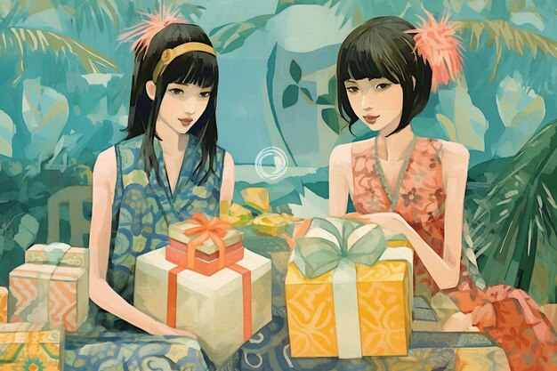 Illustration de deux jolies filles avec des coffrets cadeaux sur fond tropical