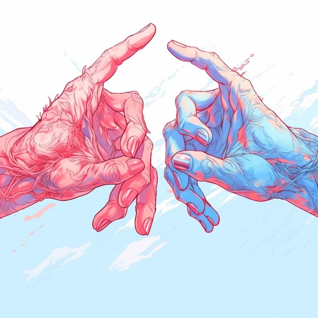 Illustration de deux mains se tendant l'une vers l'autre avec un fond bleu ai génératif