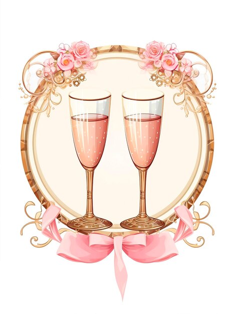 Photo illustration de deux verres de champagne avec des roses roses et un arcai généré