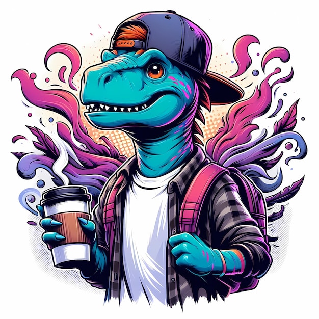 illustration d'un dinosaure avec un chapeau et une casquette tenant une tasse de café