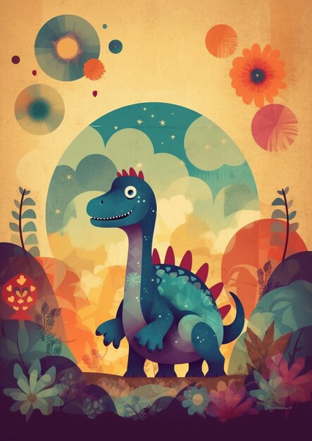 Photo illustration d'un dinosaure dans un champ avec des fleurs et une lune générative ai