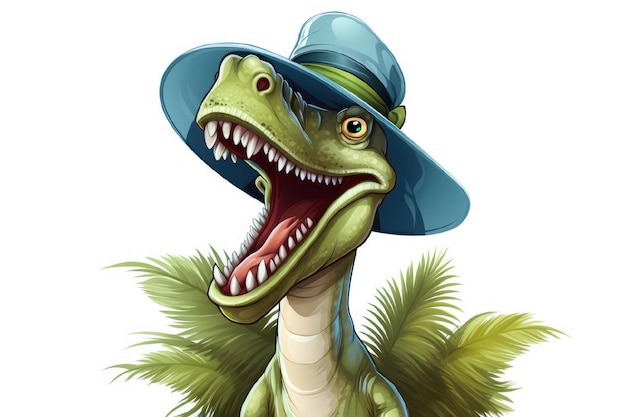 Illustration d'un dinosaure portant un chapeau d'été sur un fond blanc
