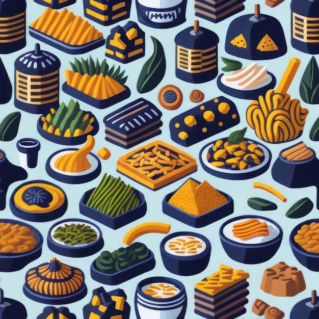 Illustration de divers aliments, y compris une variété d'aliments.