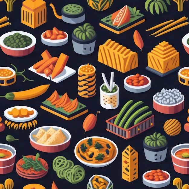 Illustration de divers aliments, y compris une variété d'aliments.