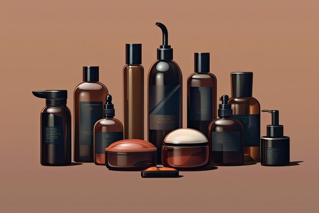 Illustration de diverses bouteilles marron foncé et contenants cosmétiques générative ai