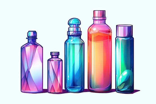 Illustration de diverses bouteilles PETG colorées et contenants cosmétiques générative ai